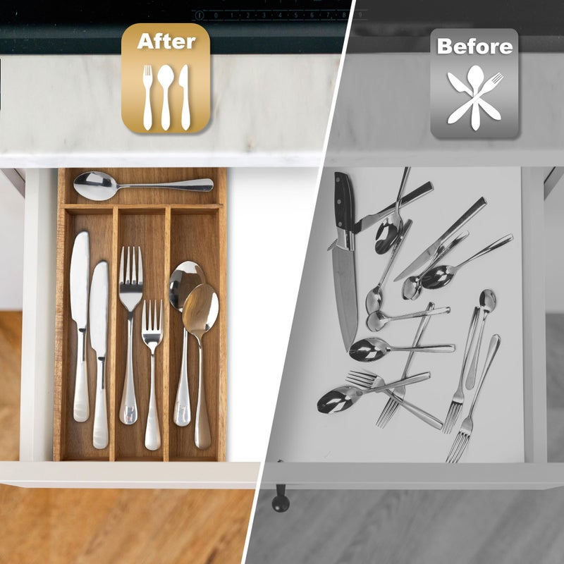 Conflech Acacia 4 Slot Silverware Drawer Organizer - Cutlery Holder with Flatware Tray - Image 3